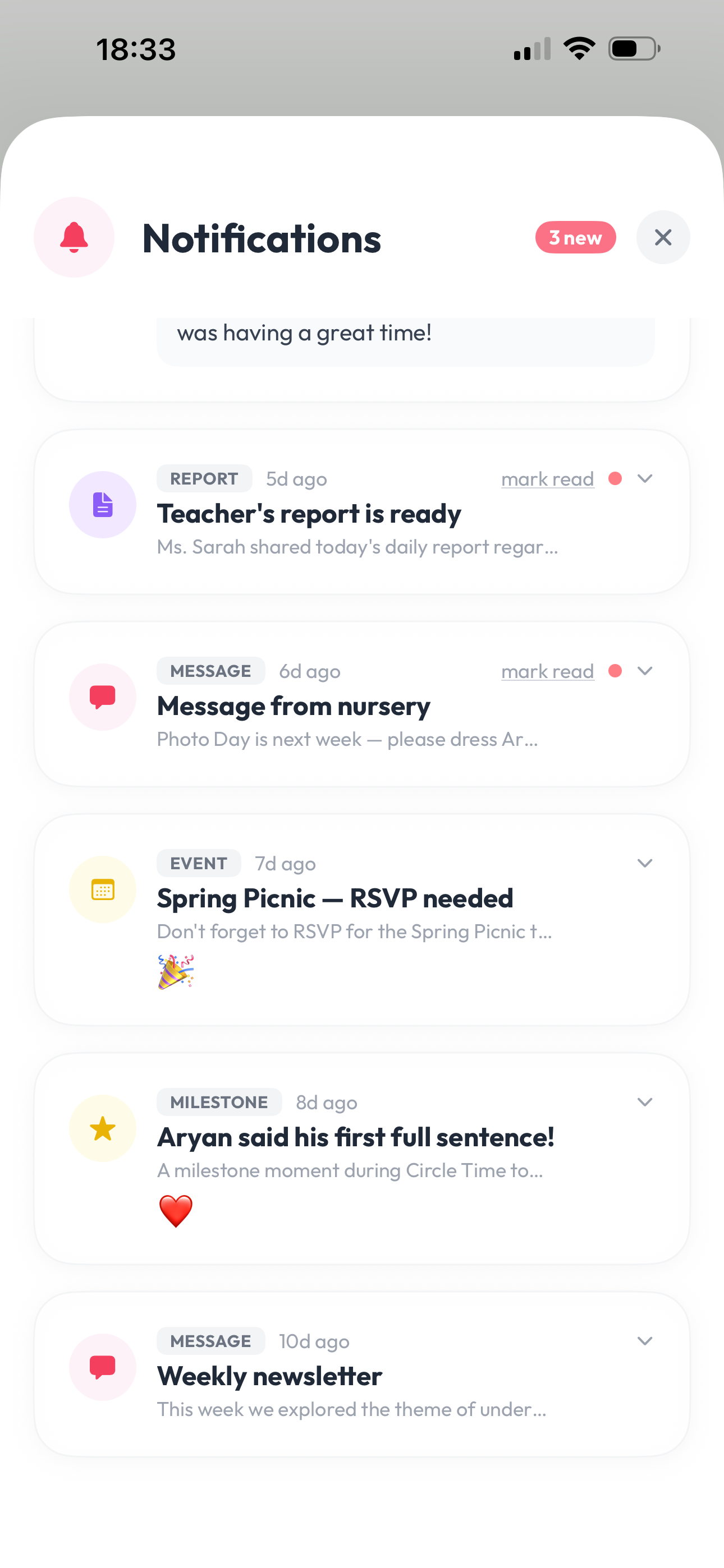 Bubu Nursery parent notifications screen